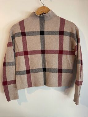Tahari Beige Burgundy Plaid Mock Neck Sweater S